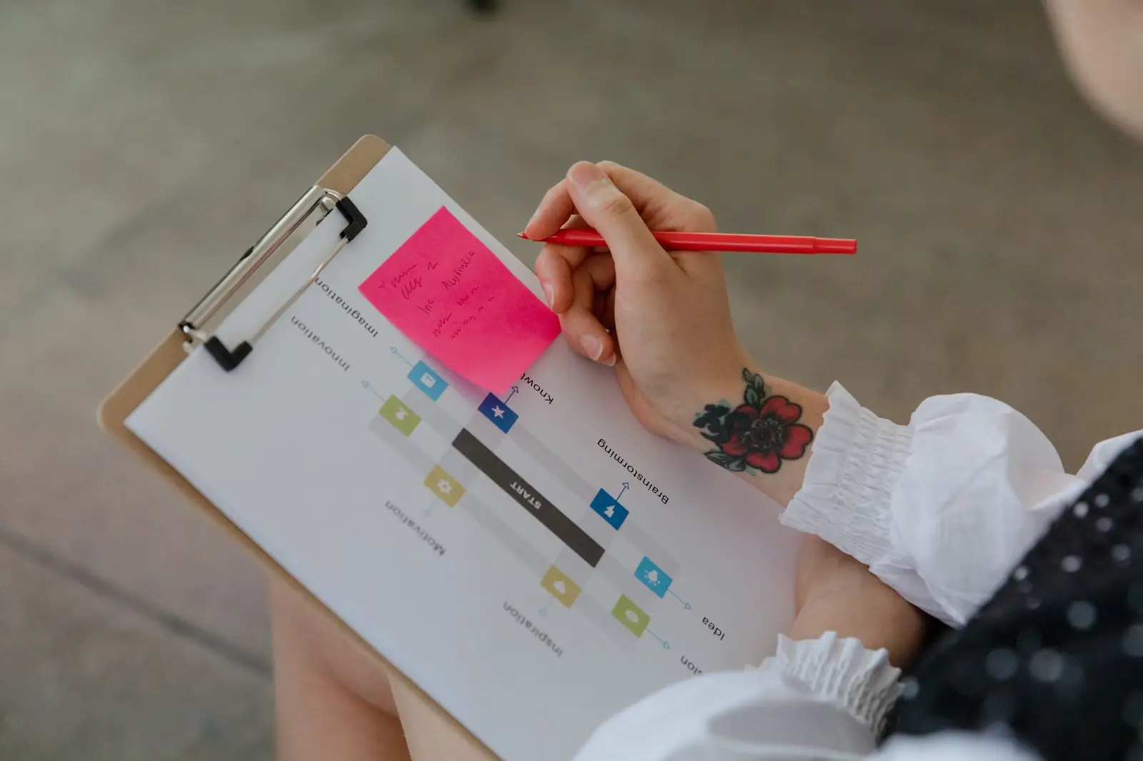 A hand writing with a red pen on a chart attached to a clipboard
