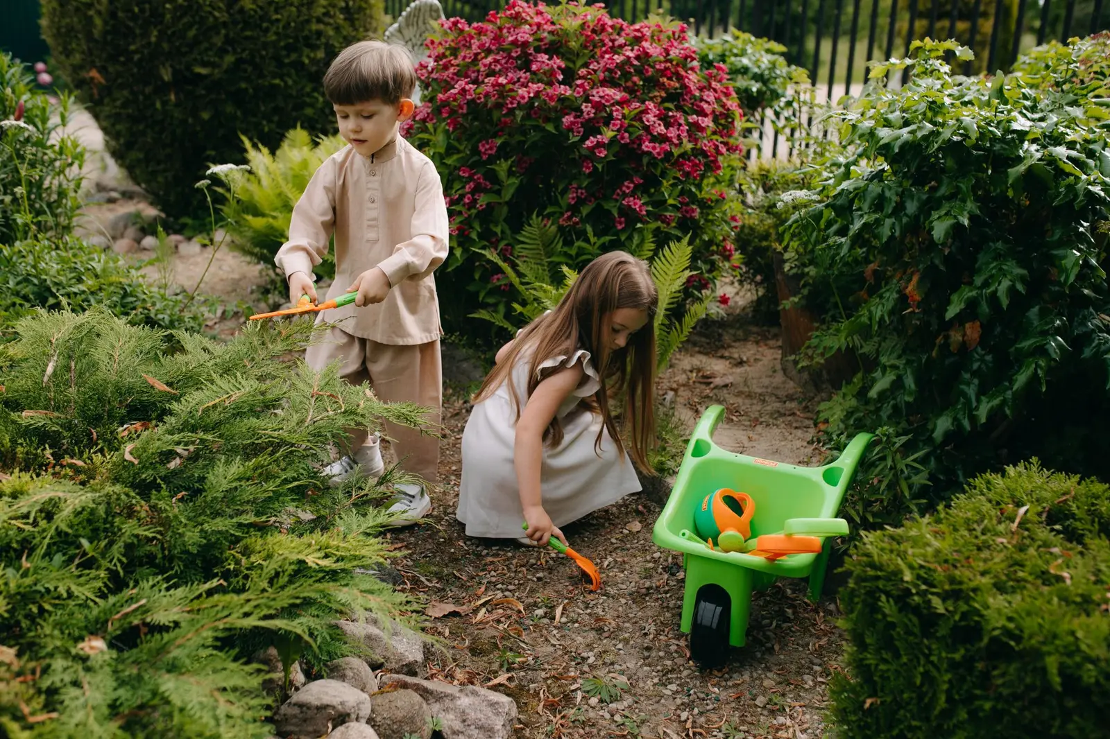 Two children gardening together in a summer garden