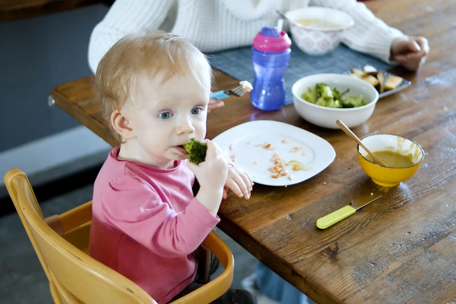 A toddler in a high chair eating broccoli at the table